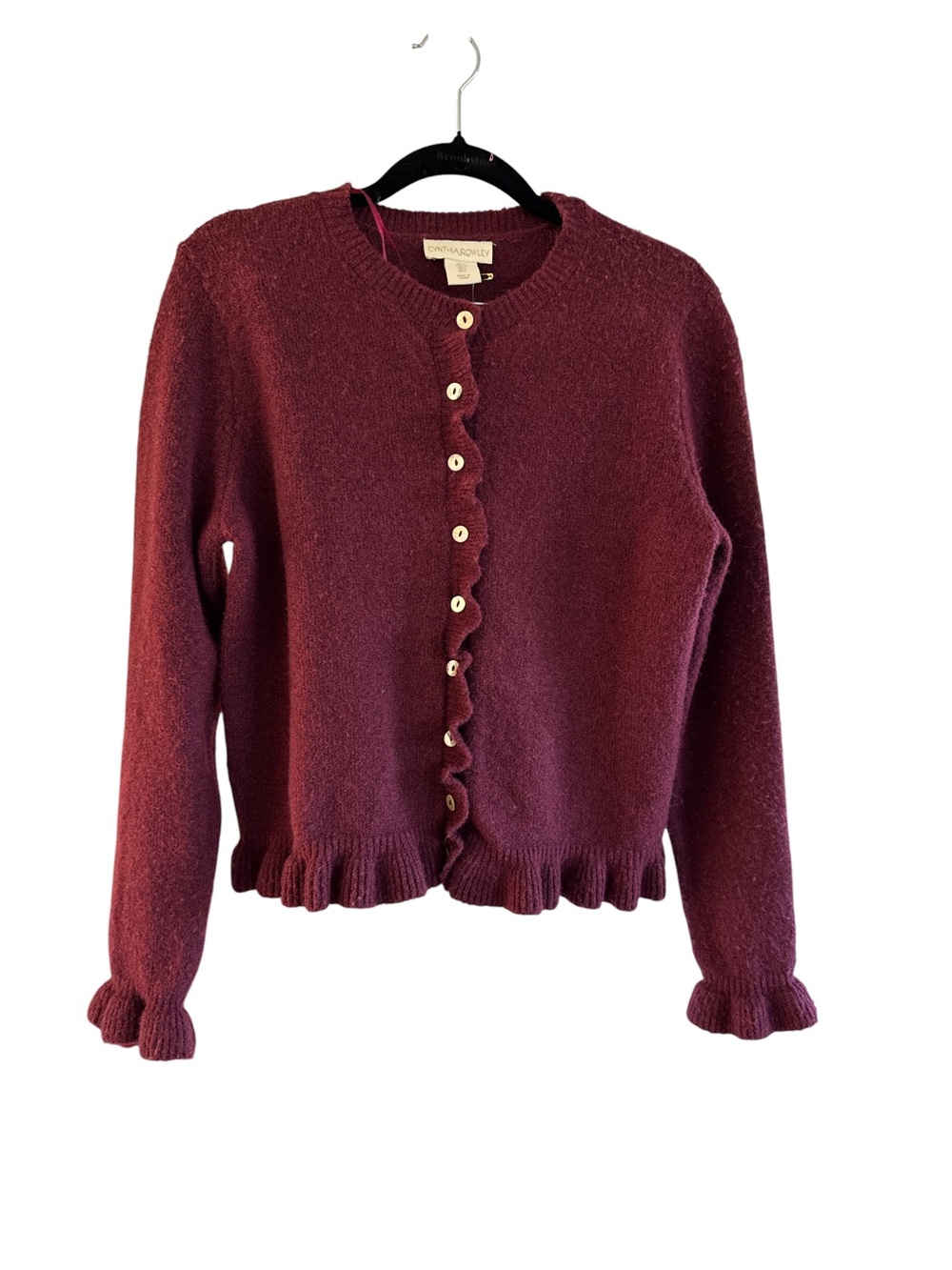 Cynthia Rowley Ruffle-Hem Crew Sweater in Deep Maroon